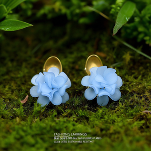 Fashion <b>Stud</b> <b>Earrings</b> <b>Blue</b> Flower Design PVD Gold Plated 316L Stainless Steel Sustainable Resistant - Product Image 3