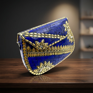 Pochette artisanale en laiton bleu mosaïque, motif floral en laiton, avec chaîne, pour femme, idéale pour les fêtes et mariages, sac ethnique, artisanat en résine - Product Image 1