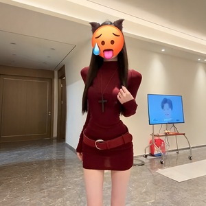 Korean Style Sexy High Neck Red Long Sleeve Bodycon Dress Turtleneck Tight Fit Short Skirt For Autumn City Commuting - Product Image 5