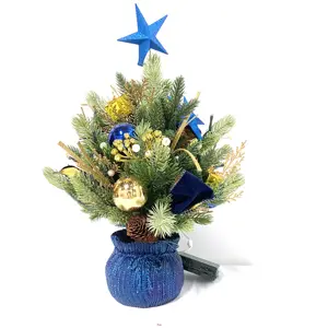 Christmas decoration supplier artificial pe 40cm tabletop christmas tree with deep blue ceramic basin