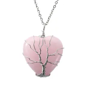 Best Quality Natural Rose Quartz Healing Crystal Necklace Silver Tree of Life Wire Wrapped Heart Shape Stone Pendant Necklace