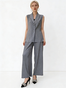 Ensemble deux pièces haut de gamme Miyake Printemps-Été 2026 pour <span class=keywords><strong>femme</strong></span> : Manteau plissé original, <span class=keywords><strong>gilet</strong></span> en velours ajusté et pantalon <span class=keywords><strong>long</strong></span> infroissable - Product Image 1