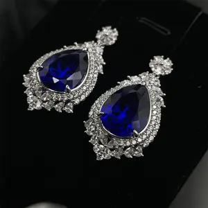 Neue europäische und amerikanische S925 Silber 15,25 CT Blaues Korund Oval-Ohrringe klassisch leicht Luxus vielseitig Zirkonia Schmuck Damen