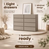 Commode contemporaine européenne à 8 tiroirs en bois aggloméré, gain de place, sans poignées, écologique, pour chambre d'hôpital
