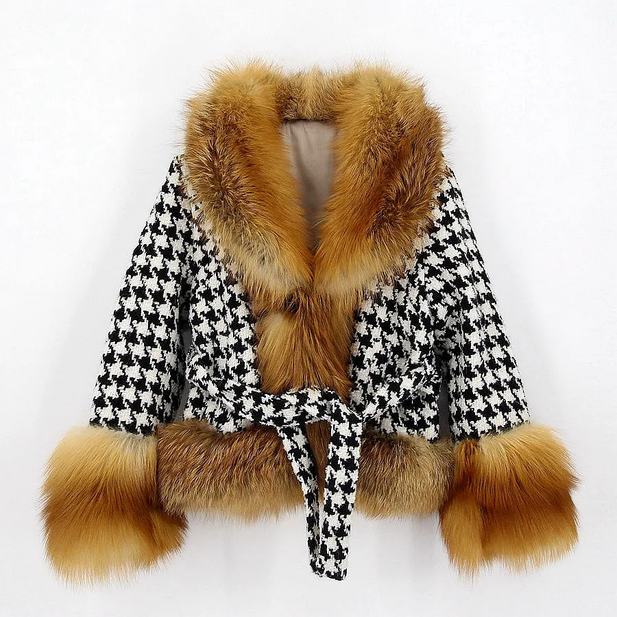 QIUCHEN QC21076 2022 Fashion Belted Luxurious Cropped Wool Jacket Women's Fox Fur Wool Coat
