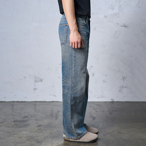 Mans 100% cotton denim thẳng hip hop jeans mùa đông loe phù hợp với tay Crafted râu quần lỏng rửa quần jean cổ điển - Product Image 2