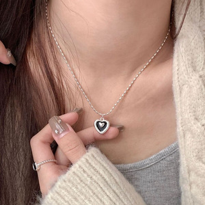S925 Sterling Silver <b>Heart</b> Necklace <b>Black</b> Glaze Design Clavicle Chain Fashionable Light Luxury Jewelry Gift - Product Image 1
