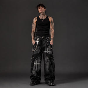 Jean sur mesure pour <span class=keywords><strong>homme</strong></span>, design Heavy Metal, vêtements Hip Hop, pantalon en jean noir délavé pour hommes - Product Image 4