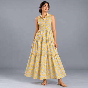 Vestido Camisero Largo de Algodón Cambray con Estampado Floral para Mujer – Vestido de Verano sin Mangas con Volantes de 120 GSM, Vestido Suave de Algodón para Verano/Primavera - Product Image 1