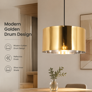 Modern Metal Pendant <b>Light</b> Gold Finish Drum Shade For <b>Dining</b> Room Kitchen Island Restaurant Bar Indoor Home Decor - Product Image 2
