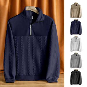 Sudadera de hombre con cuello alto y cremallera, de punto grueso, color liso, con patchwork jacquard, manga larga, transpirable, para otoño - Product Image 1