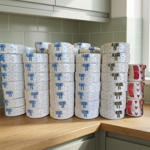 Ceramic <b>Mugs</b> <b>Set</b> With Blue Bow And Polka Dot Design Dishwasher Safe For Home Use - Product Image 1