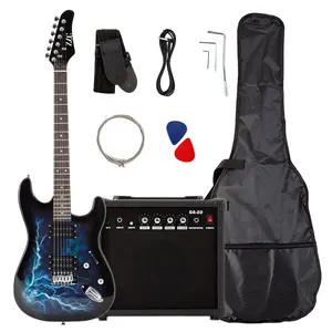 ZLG 6 string Guitar set with amplifier Blue color Lightning pattern Manufacturer Supply Electric Guitar Set /Guitar kit For Beg