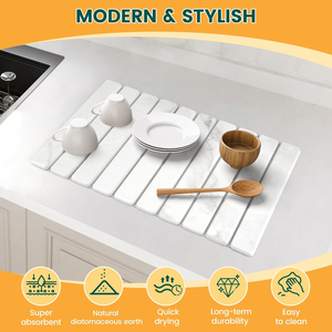 Alas Pengering Piring Minimalis dari Batu, Rak Piring Lipat untuk Kamar Mandi dari Tanah Diatom, Motif Tanaman, Buatan Mesin, Ramah Lingkungan - Product Image 3