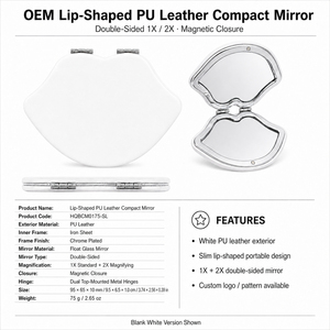 White PU Leather Lip Shaped Compact Mirror 1X 2X Magnifying Dual Sided HD Glass Magnetic Pocket <b>Makeup</b> Mirror Bulk Wholesale - Product Image 1