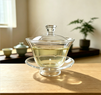Gaiwan en verre borosilicate monocouche avec bouche en forme de fleur, couvercle transparent et soucoupe, vaisselle à thé chinoise pour la préparation du thé