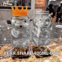 Bouteille de thé au lait jetable en PET de 400 ml en forme d'ours populaire avec paille et bouchon à vis, impression sérigraphique
