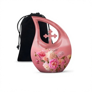 Urna Funeraria Decorativa en Forma de Lágrima con Flores Rosadas para Cenizas Humanas, Urna Conmemorativa con Cruz y Bolsa de Terciopelo Gratis - Product Image 1