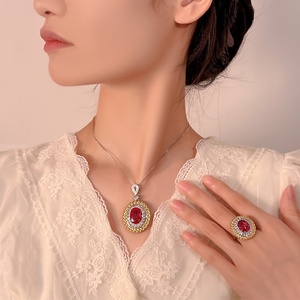 Factory Wholesale 12*16-10*12mm <b>Red</b> Blue Zircon Vintage Trendy Eco-friendly Copper Women Fashion Tow <b>Tone</b> Jewelry Set - Product Image 6