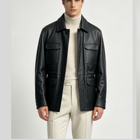 Jaket Kulit Domba Asli Pria Warna Hitam dengan Ritsleting Depan, Gaya Safari Vintage Patchwork, Kantong Berflap untuk Grosir Global