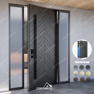 Porte d'entrée pivotante moderne en aluminium finition cuivre avec verre noir et panneaux latéraux fixes doubles - Product Image 3