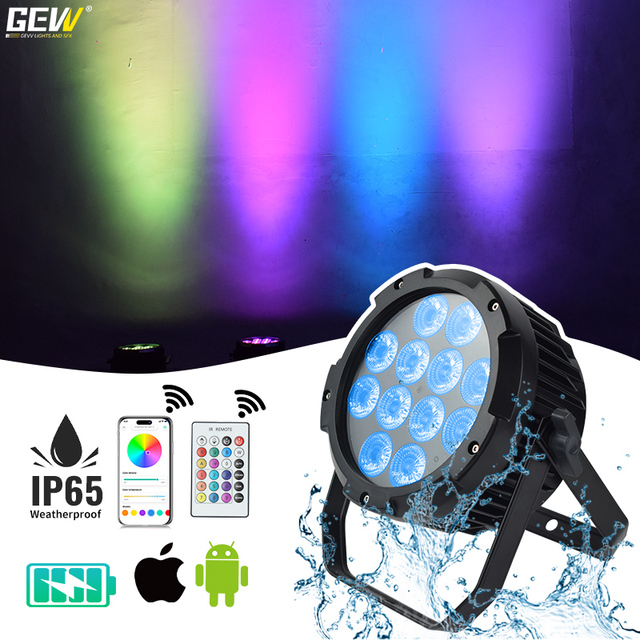 GEVV Waterproof Outdoor IP65 12x18W RGBAW UV LED Par Can Light Wireless DMX Wifi APP Remote Control Battery Powered Uplight