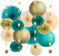 Décorations de fête bleu turquoise et or, lanternes bleues, pompons, éventails en papier, décorations étoiles crème et or pour anniversaire, mariage, fiançailles