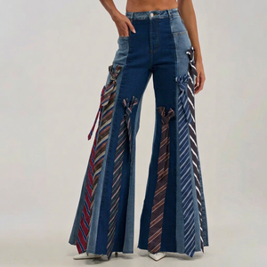 Jeans de Mezclilla de Cintura Media, Transpirables, con Bordado en Contraste de Color, Corte Holgado, Estilo Bohemio para Mujer - Product Image 1