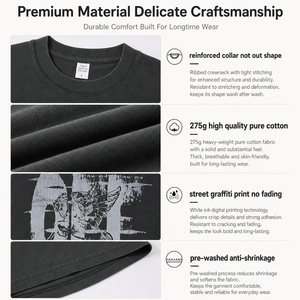 T-shirt graphique noir pour homme 275G, en coton épais, imprimé style streetwear américain, coupe oversize délavée et ample, fournisseur OEM - Product Image 3