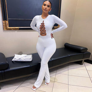 2026 セクシー ホローアウト 長袖 エースアップ ジャンプスーツ レディース スキニー ジャンプスーツ パッチワーク ジャンプスーツ - Product Image 1