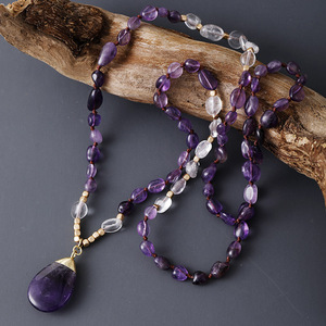 Collier pendentif en améthyste naturelle perlée et nouée, forme goutte d'eau, bijou de mode pour femme, cadeau - Product Image 2