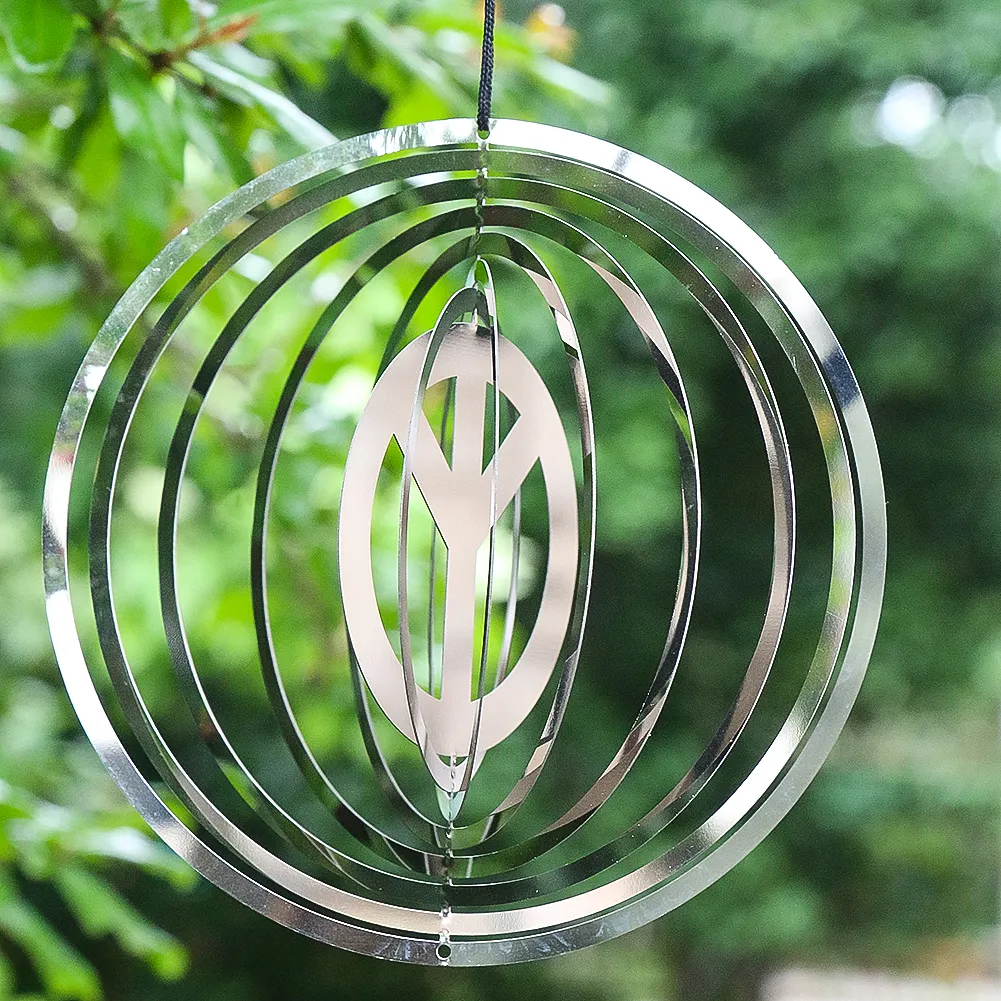 Silver white stainless steel sheet irregular circular geometry can be rotated inside pendants outdoor garden decoration