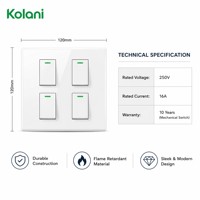 Sakelar Lampu Dinding Minimalis dengan 4 Tombol Rocker Berlampu, Panel Empat Modul 120 Persegi 16A 250V Putih Mengkilap untuk Hotel