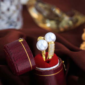 Anelli Regolabili con Doppia Grande Perla e Zirconi Cubici Brillanti per Donne, Gioielli per Feste, Fidanzamento, Anniversario e Matrimonio - Product Image 6