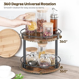 Wooden Double Layer Rotating Spice <b>Rack</b> With Wrought Iron Frame 3 Tier Kitchen <b>Storage</b> Organizer For Spice Jars And <b>Bottles</b> - Product Image 5