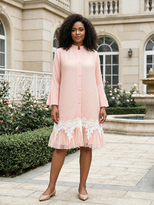 Abito Giallo Plissettato Taglie Forti <span class=keywords><strong>con</strong></span> Bordo in Pizzo, Elegante <span class=keywords><strong>Vestito</strong></span> Midi a Maniche Lunghe da Donna per Ufficio e Feste - Product Image 3
