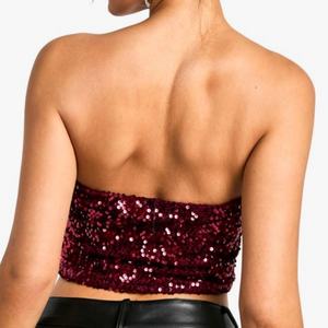 Nouveau design – Crop top bandeau à sequins avec détail nœud – Top bustier sexy bordeaux pour femme - Product Image 2