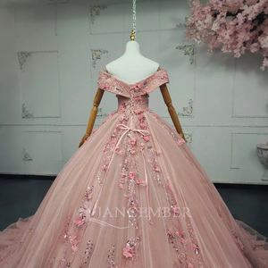 For ANY12 Vintage Pink Ruffle Ball Gown Crystal <b>Appliques</b> Beading Natural Waistline Birthday Party Dress for 16 Girls - Product Image 6