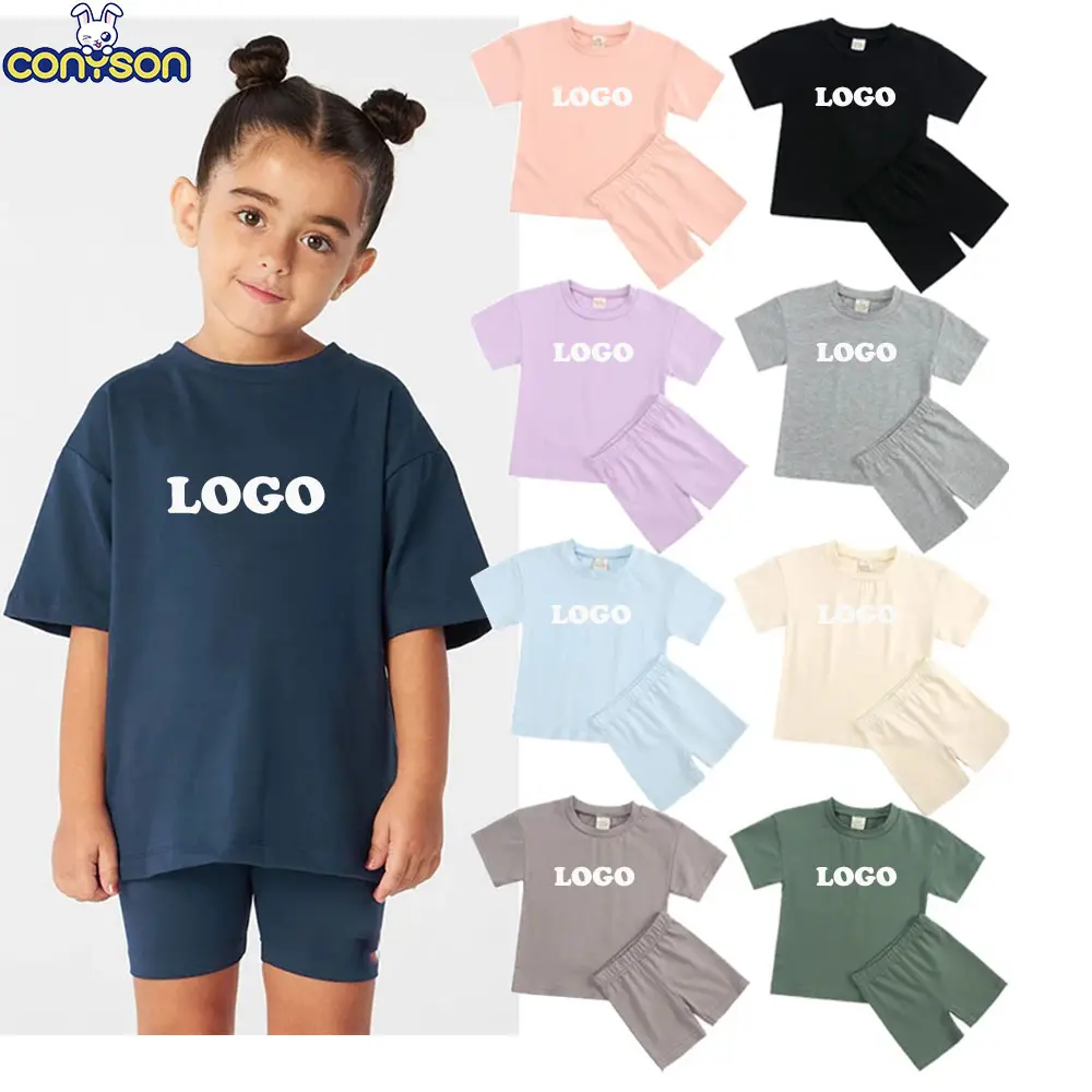Conyson Hot Sale Custom LOGO Kids Summer Clothing Sets 2Pcs Solid Cotton Breathable Girl's Clothing Outfits Kids Clothes Set