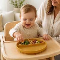 Assiette ronde à 3 compartiments en silicone, couleur unie, base à ventouse, pour usage domestique, logo personnalisé disponible