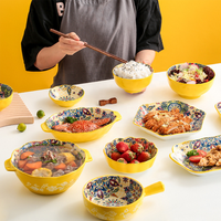 Ensemble de bols à riz en céramique bohème créatif, assiettes à soupe et nouilles vintage irrégulières à double anse, vaisselle jaune pour la maison et la cuisine