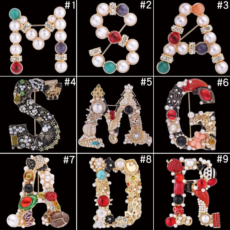 Pearl Initial Brooch Pin Crystal A-Z 26 Alphabet Letters Brooch Colorful Enamel Breastpin Pin Jewelry for Women Gifts