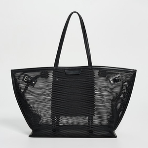 Custom Black <b>Large</b> Handbag Portable Fashion Leather Trim Women's Shoulder Beach <b>Bag</b> Magnetic Closure Summer <b>Travel</b> Mesh <b>Tote</b> <b>Bag</b> - Product Image 5