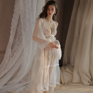 Hot <b>Perspective</b> Lace Mesh Embroidery Temptation Pajamas Wholesale Low-cut Halter Backless Nightgown and Robe - Product Image 4