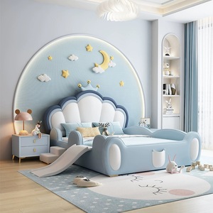 Muebles de Dormitorio Modernos de Lujo Camas Suaves Tapizadas Tamaño Queen <span class=keywords><strong>Cama</strong></span> <span class=keywords><strong>Doble</strong></span> para Niños <span class=keywords><strong>con</strong></span> Marco de Tobogán Diseño para Niñas en Rosa y Niños en Azul - Product Image 4