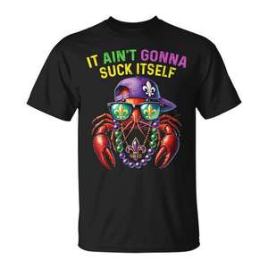 T-shirt Mardi Gras avec motif de crabe et motif Fleur de Lys pour tenue festive, « It Aint Gonna Suck Itself » - Product Image 1