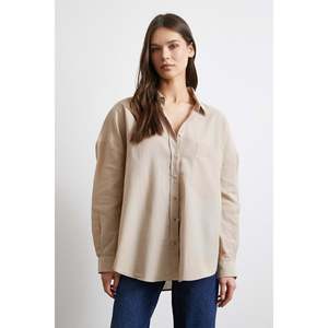 Camisa de Lino Oversize para Mujer, Estilo Boyfriend, Beige, con Botones, para Uso Diario, Diseño Sencillo - Product Image 3