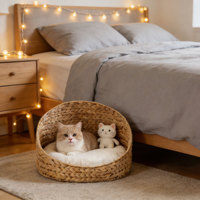 Nid douillet chic en jacinthe d'eau pour animaux de compagnie, coussin épais, panier rond en paille tressée, lit pour chien fait main