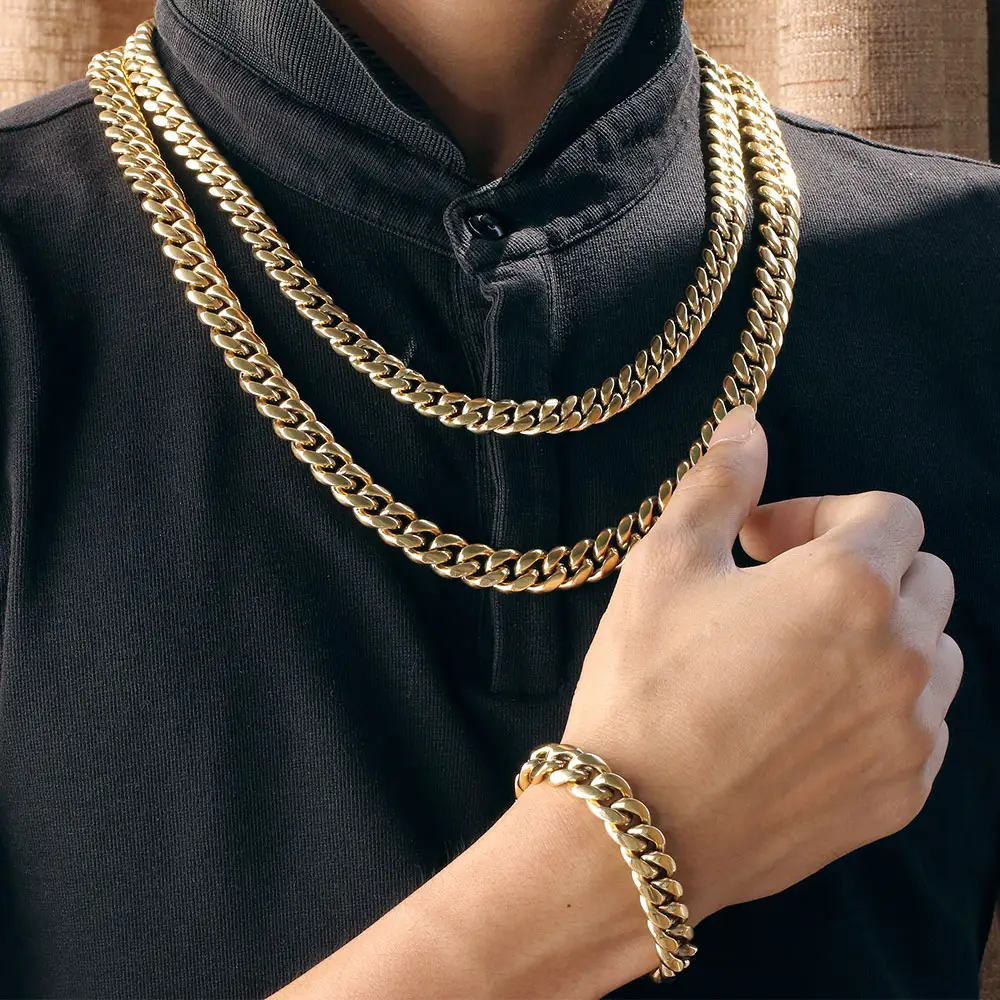 Missjewelry ağır paslanmaz çelik Miami küba bağlantı 18K altın kaplama zincir kolye takı