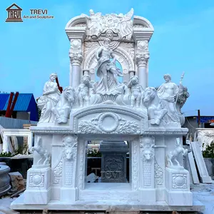 Large Home And Outdoor Decor Lion Statue Decoration 2 Layer Marble Stone Fireplace Mantel For Sale